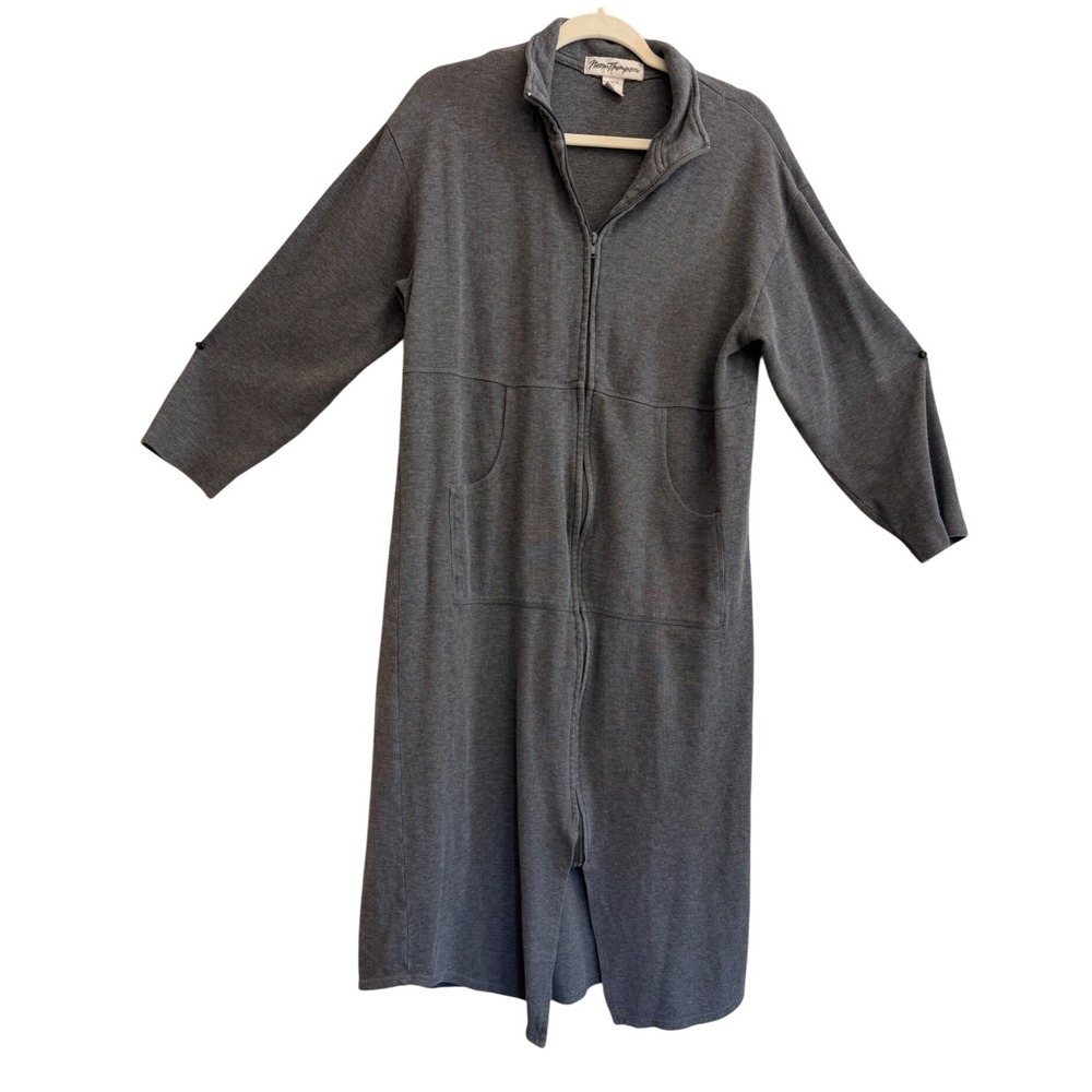 Norm Thompson Zip Front Robe Womens M Gray Ribbed Cotton Loungewear Housecoat
